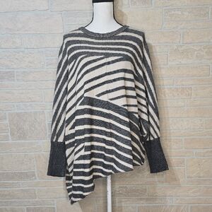 Ming Wang Asymmetrical Batwing Sweater Top Neutral Stripe Knit Oversized Draped